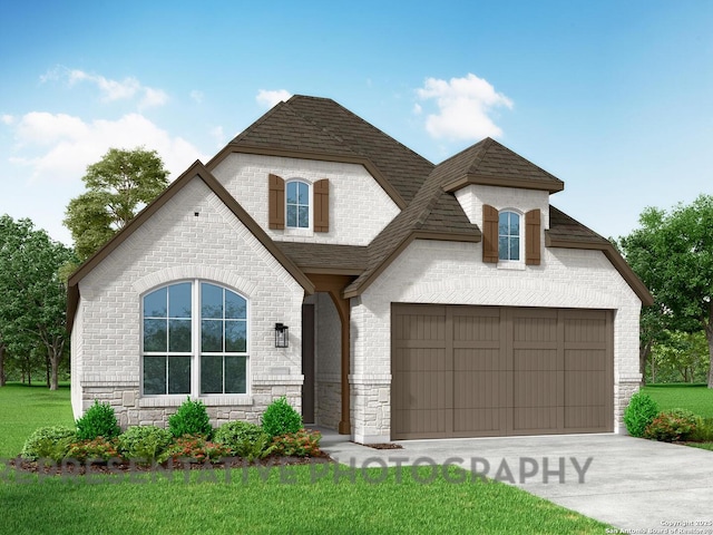 french country inspired facade featuring a garage and a front lawn