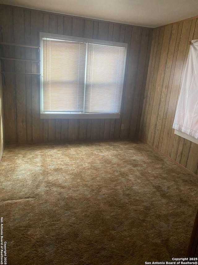 unfurnished room with plenty of natural light, carpet, and wooden walls