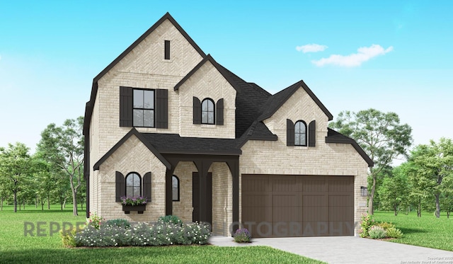 french country inspired facade with a garage and a front lawn