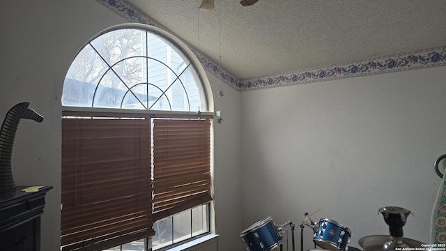 details featuring ceiling fan and a textured ceiling