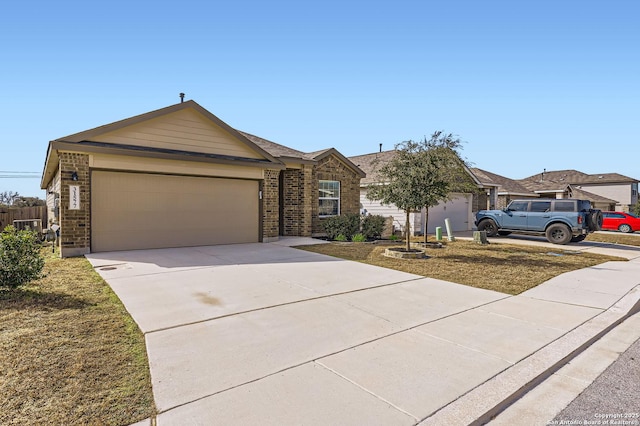 ranch-style home with a garage and a front lawn