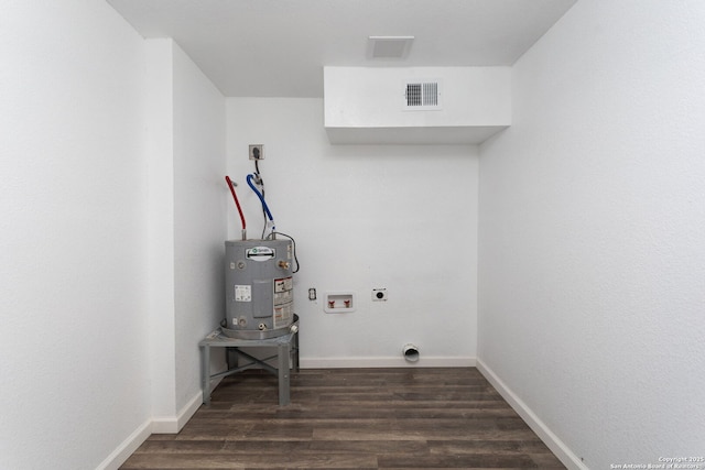 clothes washing area featuring dark wood-type flooring, secured water heater, hookup for an electric dryer, and washer hookup