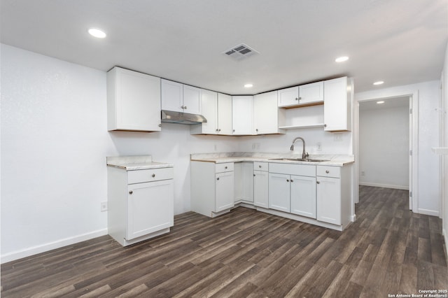 kitchen with sink, white cabinets, and dark hardwood / wood-style flooring