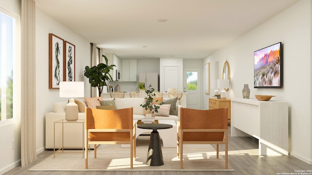 living area with light wood-type flooring and a wealth of natural light