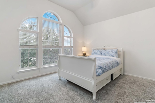 bedroom featuring lofted ceiling and carpet floors