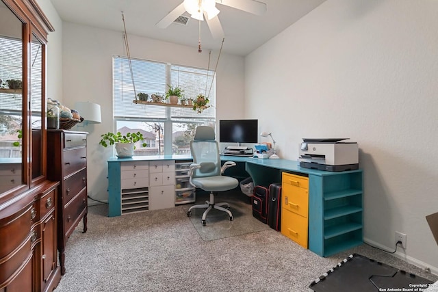 office area featuring ceiling fan and carpet