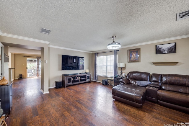 living room with dark wood-type flooring, crown molding, and a textured ceiling