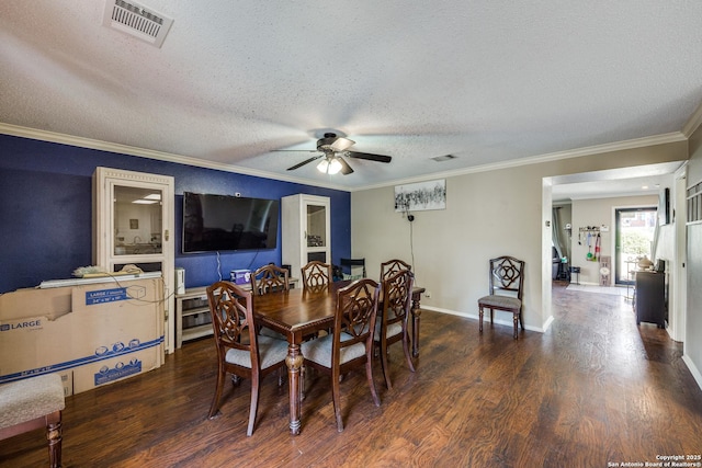 dining space featuring a textured ceiling, crown molding, and dark hardwood / wood-style floors