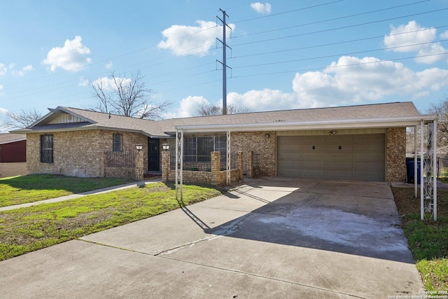 single story home with a front yard and a garage