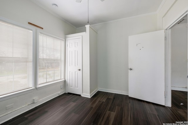 interior space with crown molding, a closet, and dark hardwood / wood-style flooring