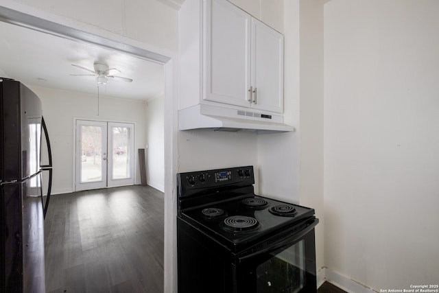 kitchen with french doors, black appliances, ceiling fan, dark wood-type flooring, and white cabinets