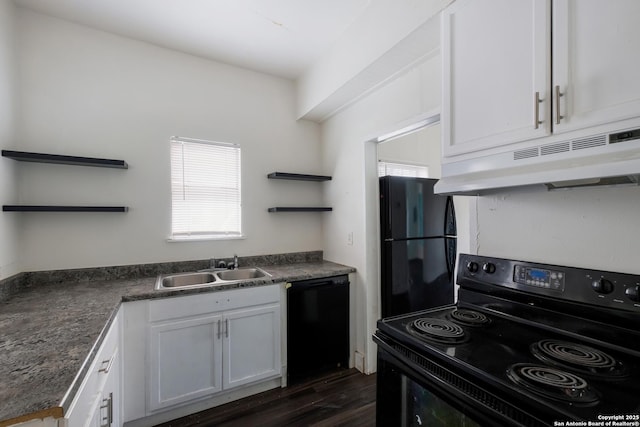 kitchen with white cabinetry, sink, black appliances, and dark hardwood / wood-style floors