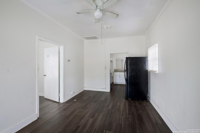 unfurnished living room with ornamental molding, dark hardwood / wood-style floors, and ceiling fan