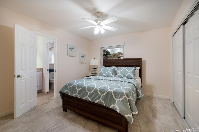 bedroom with ceiling fan and a closet