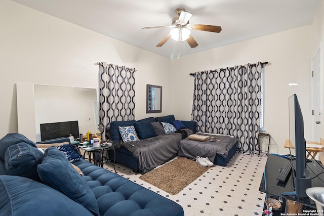 living room with ceiling fan and light carpet