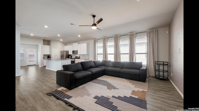 living room with ceiling fan, wood-type flooring, and sink