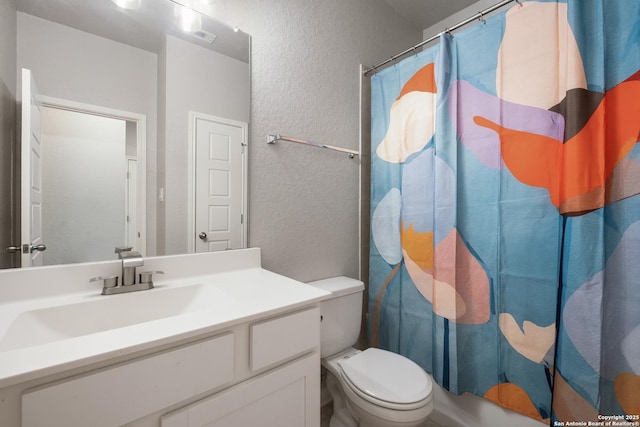 full bathroom with toilet, vanity, and shower / bathtub combination with curtain