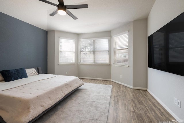 bedroom featuring ceiling fan and wood-type flooring