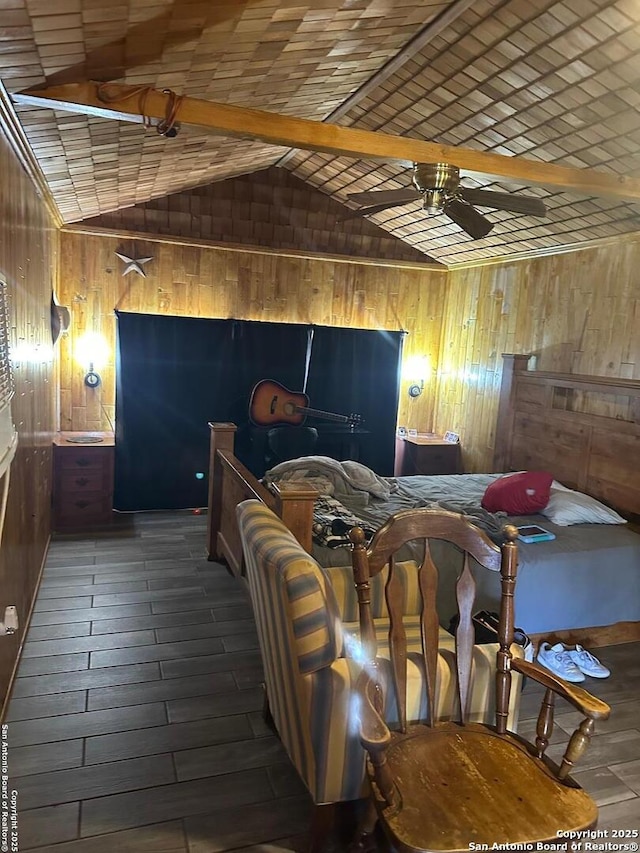 bedroom featuring wooden walls, lofted ceiling with beams, and dark hardwood / wood-style flooring