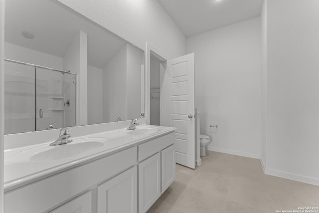 6707 Tasajillo Spgs, San Antonio, TX 78253 - bathroom featuring toilet, a shower with door, a sink, and double vanity