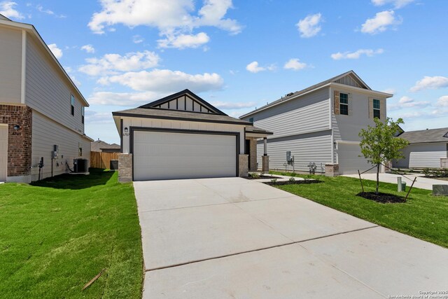 6707 Tasajillo Spgs, San Antonio, TX 78253 - single story home featuring a front lawn, cooling unit, concrete driveway, board and batten siding, and a garage