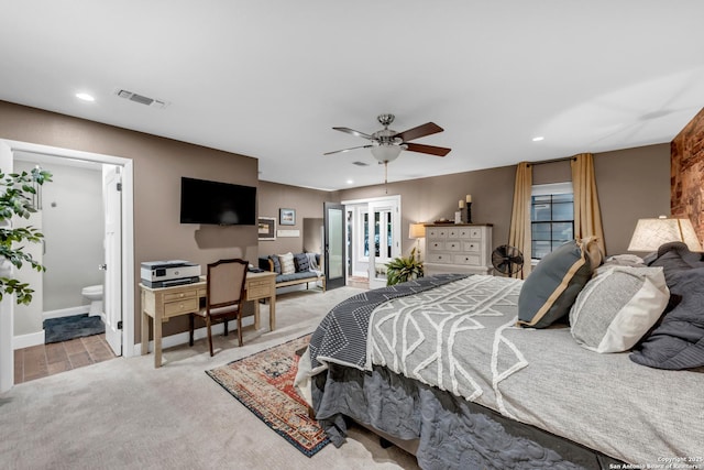 carpeted bedroom with access to exterior, connected bathroom, and ceiling fan