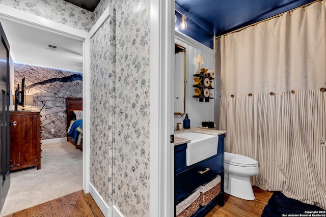 bathroom with toilet, vanity, and wood-type flooring