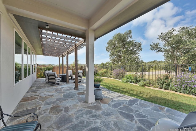 view of patio / terrace featuring a pergola and an outdoor hangout area