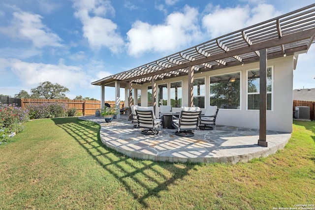 view of patio / terrace with central air condition unit and a pergola