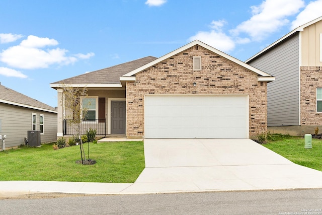 view of front of house featuring a garage, a porch, cooling unit, and a front lawn