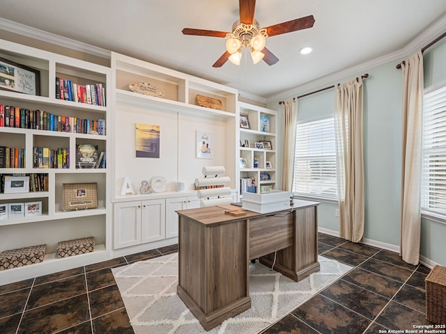 office space with ceiling fan, built in shelves, crown molding, and a wealth of natural light