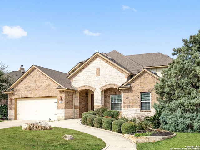 view of front of house with a front lawn and a garage