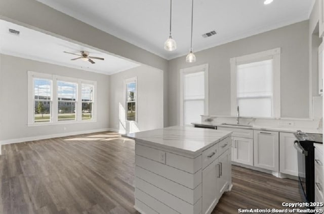 kitchen featuring white cabinets, a center island, dark hardwood / wood-style flooring, ornamental molding, and sink