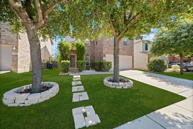 view of front facade featuring central AC, a front yard, and a garage