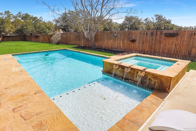 view of pool with an in ground hot tub and a lawn