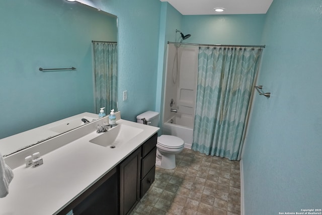 full bathroom with toilet, shower / bathtub combination with curtain, and vanity