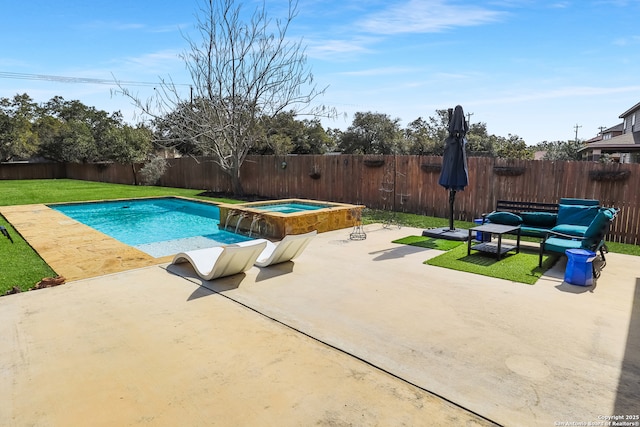 view of pool featuring an in ground hot tub, a patio, outdoor lounge area, and a yard