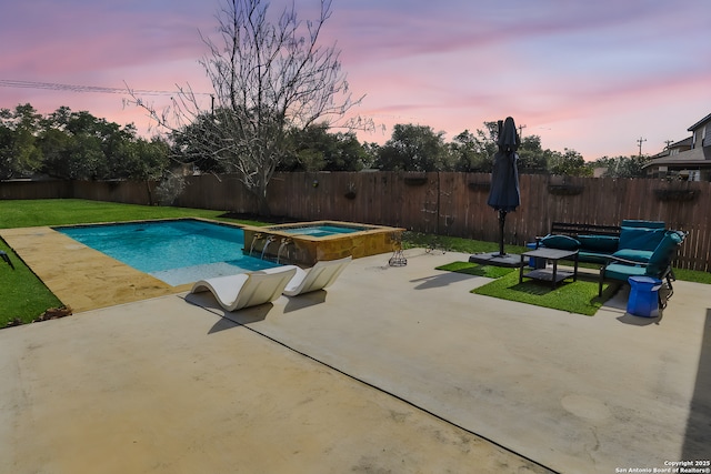 pool at dusk with an in ground hot tub, a patio, an outdoor living space, and a yard