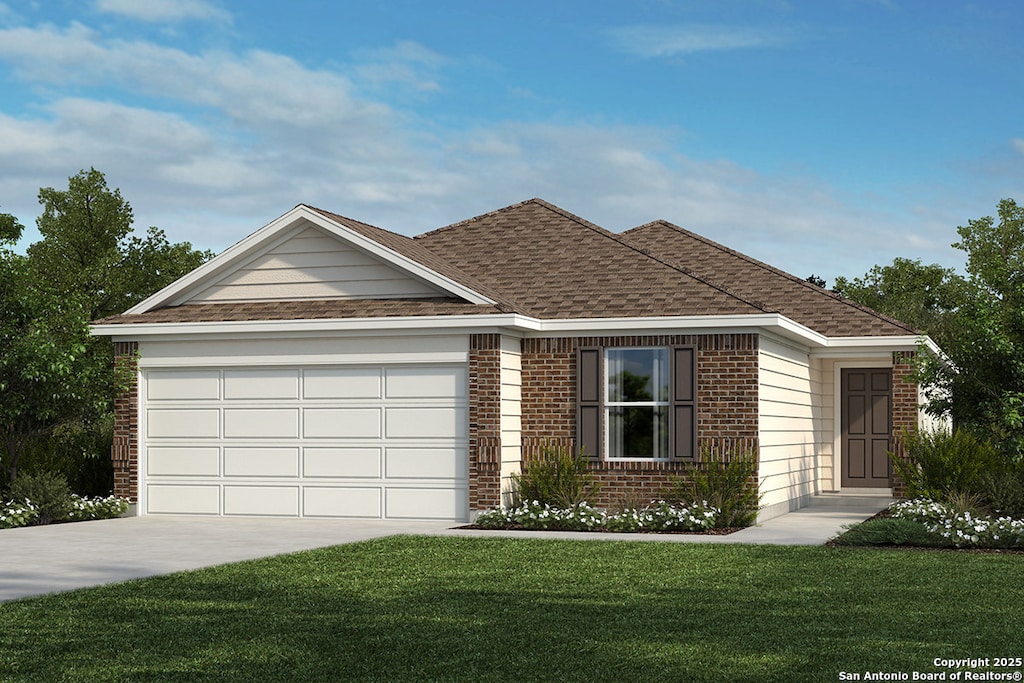 ranch-style home featuring a garage and a front lawn