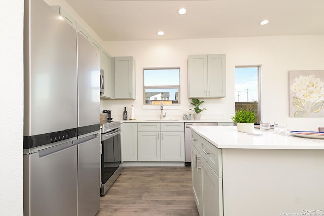 kitchen with a healthy amount of sunlight, hardwood / wood-style flooring, stainless steel appliances, and sink