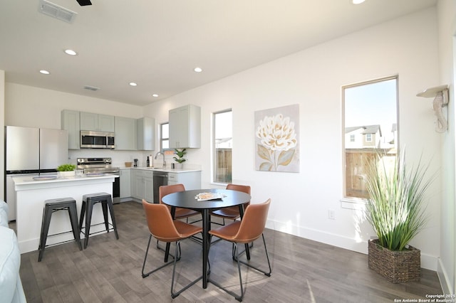 dining area with sink and dark wood-type flooring