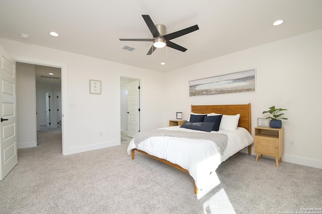 bedroom featuring ceiling fan and light colored carpet