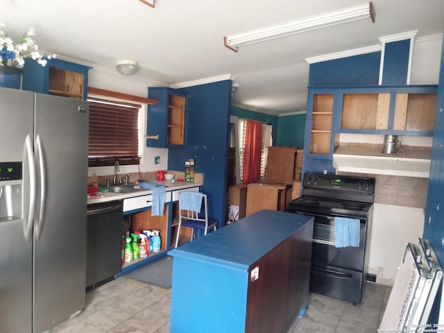 kitchen featuring light tile patterned floors, ornamental molding, black appliances, open shelves, and a sink