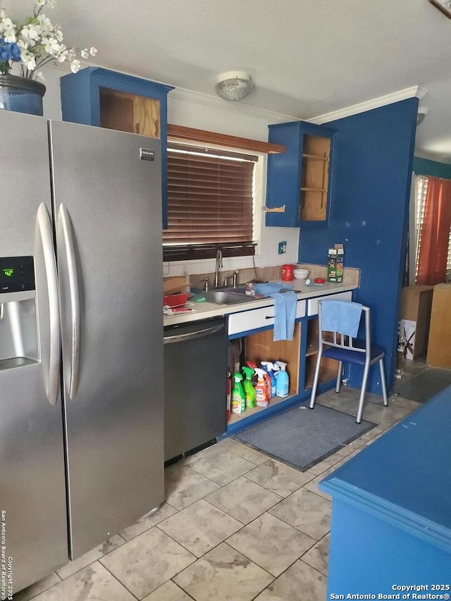 kitchen with a sink, ornamental molding, stainless steel fridge with ice dispenser, dishwasher, and open shelves