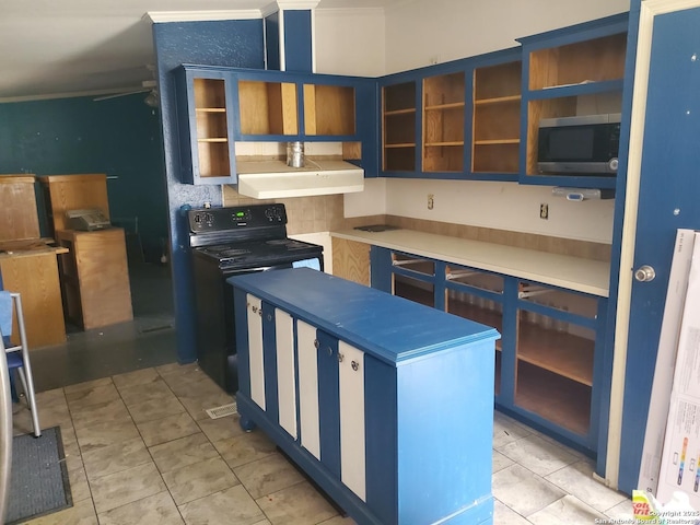 kitchen with range hood, stainless steel microwave, black electric range oven, and light tile patterned flooring