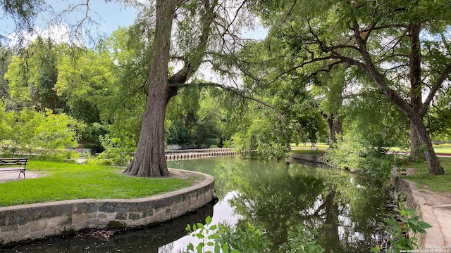 view of community with a water view