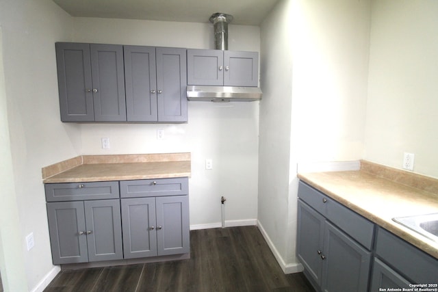 kitchen with gray cabinets and dark wood-type flooring