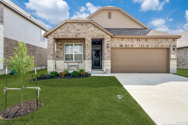 french country home featuring brick siding, roof with shingles, an attached garage, driveway, and a front lawn