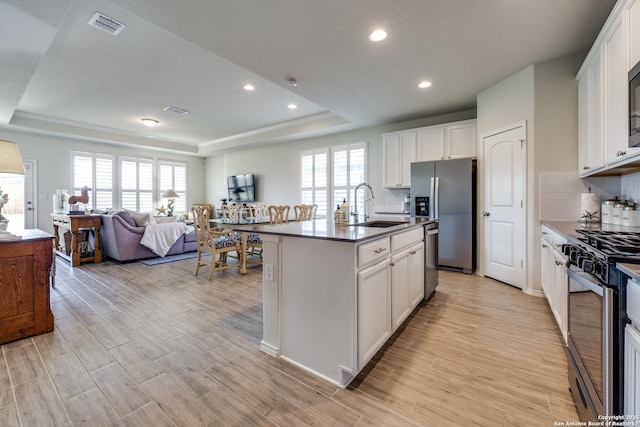 kitchen featuring stainless steel appliances, a raised ceiling, a sink, and open floor plan