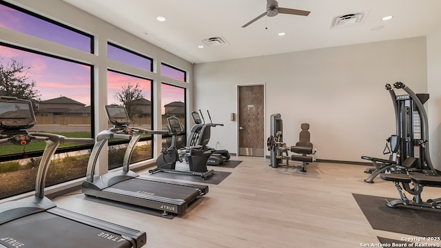 gym featuring light wood-type flooring and ceiling fan